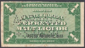 US Fermented Malt Liquor Scott REA179 1933 ¼ bbl Used Cat $27.50